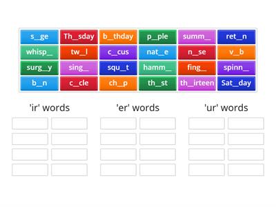 er, ir, ur words