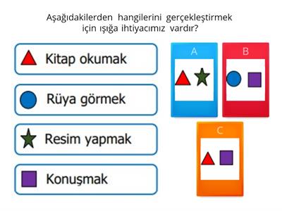 F.3.5.1.1. Gözlemleri sonucunda görme olayının gerçekleşebilmesi için ışığın gerekli olduğu sonucunu çıkarır.