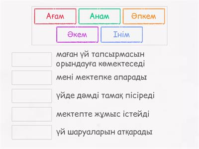 Тақырып: Менің отбасым. Кестедегі сөздерді дұрыс сәйкестендір.