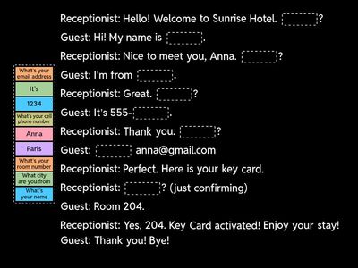 Hotel Check-in: Choose the correct information to complete the check-in conversation.