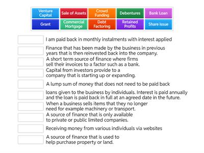 Higher Sources of Finance - Match up