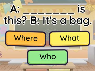 Question words quiz (What, Who, What colour, Where, How,  How old, How many)