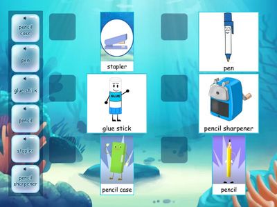 Stationery - lvl 1 match up (sound, text - picture, text)