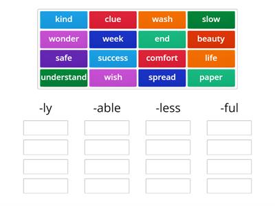  Suffixes Sort- ly, able, less, ful