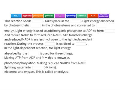 CX KS5  Light dependent reaction, missing words