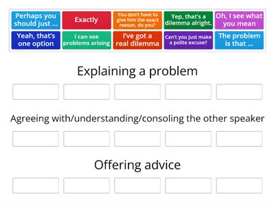 Phrases for explaing a problem, agreeing with someone and offering advice