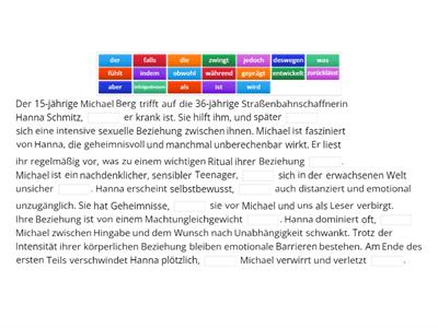 Der Vorleser Teil 1 - Verben,  Konjunktionen, Nebensätze und Relativsätze - 11 Antworten, aber 14 mögliche Antworten