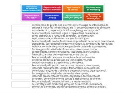 Associe os tipos de departamentos de uma empresa?