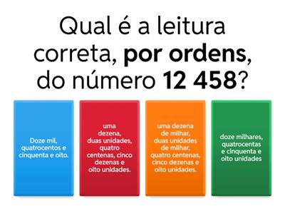 Leitura de números por extenso, ordens e classes.
