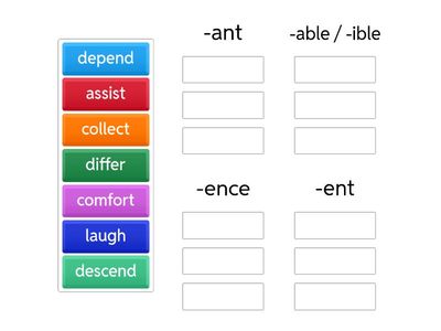 Suffixes -ant, -ent, -able, -ible, -ance, -ence