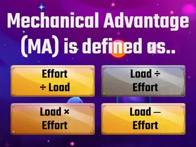 Explain the terms of Mechanical advantage (MA), Velocity Ratio (VR) and Efficiency