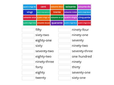 Match up French Numbers 1 - 100