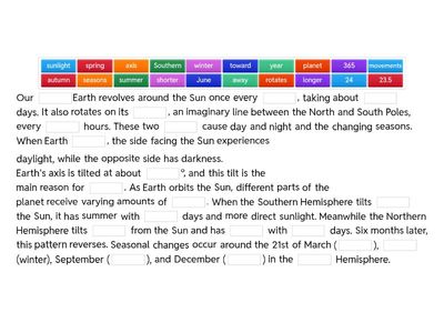 Earth Movement Cloze - Day, Night and Seasons