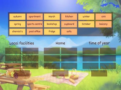 Put the words into three groups - local facilities, home or time of year.