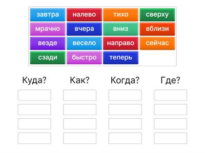 Распределите наречия на группы по вопросам.