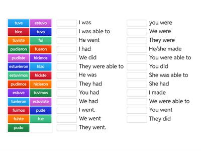 Practicar Irregular Preterite All forms matching (Spanish 2/2H)