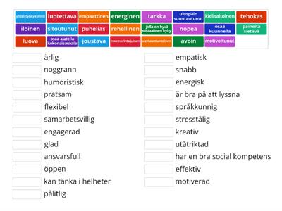 Att söka arbete- adjektiv: Para ihop motsvarigheterna