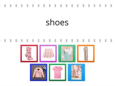 Clothes: socks, skirt, T-shirt, shoes, trousers, jacket
