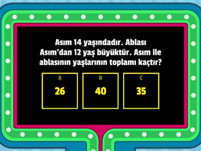 Toplama İşlemi Problemler Yeni Nesil Sorular