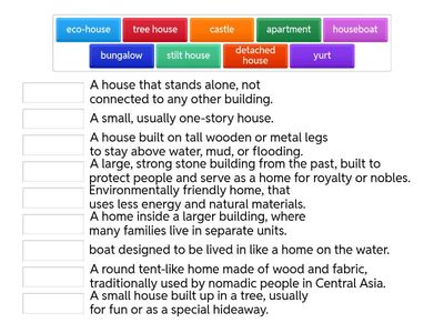 STAGE 4, Unit 3, test prep - match the house and the definition