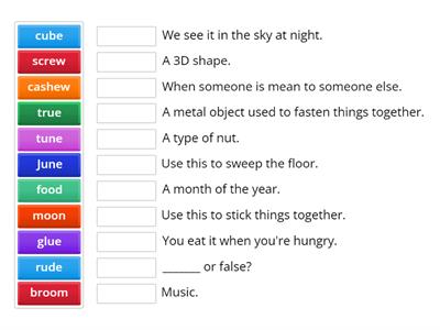 long w sounds words match up (oo/ew/ue/u-e)