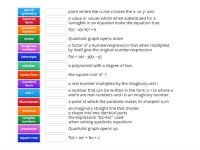 quadratic equation vocabulary -- match up