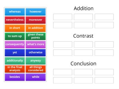 Conjunctions and Connectors: Addition, Contrast, Conclusion