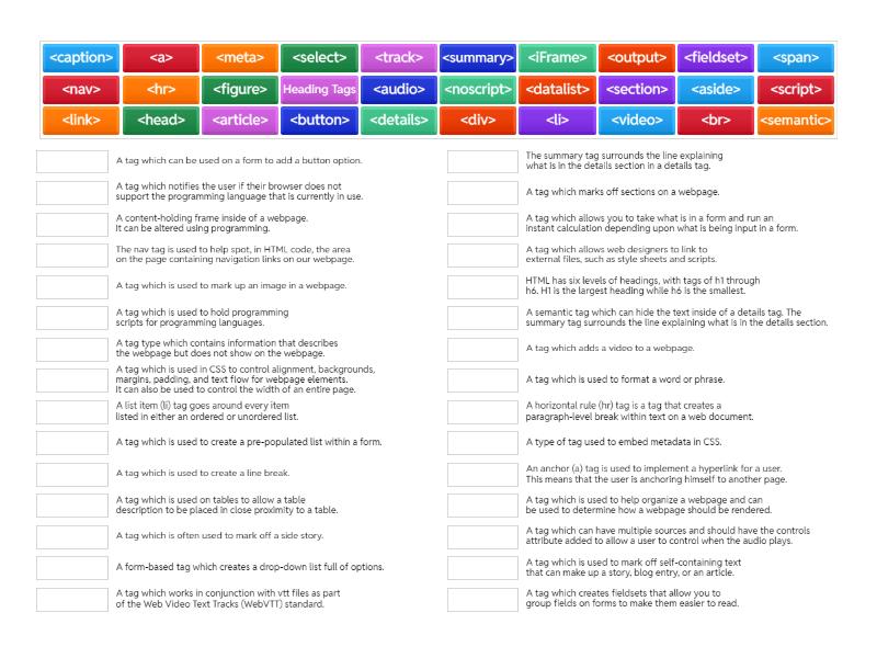 HTML and CSS study guide 2 (tags) - Match up