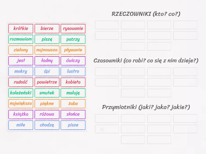 Rzeczowniki Czasowniki Przymiotniki Klasa 2 Rzeczowniki, czasowniki i przymiotniki język polski - Posortuj