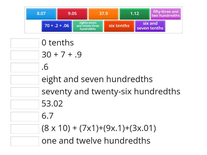 Explore hundreths and decimals une las parejas